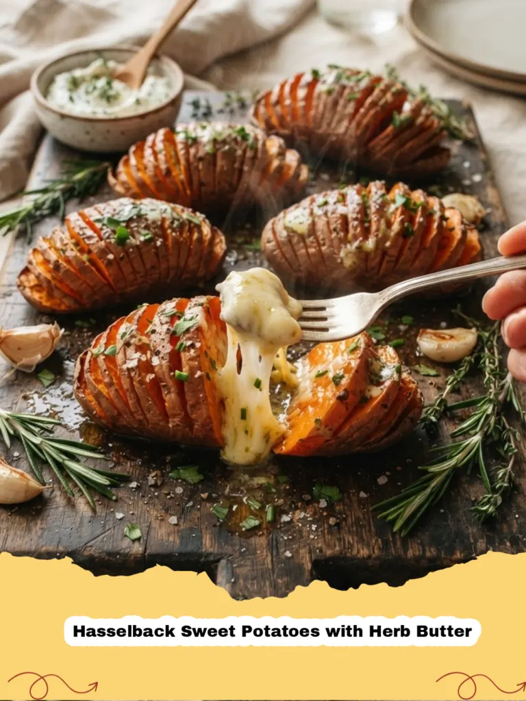 Close-up of golden brown Hasselback Sweet Potatoes with Herb Butter, fanned out and garnished with fresh rosemary and thyme.