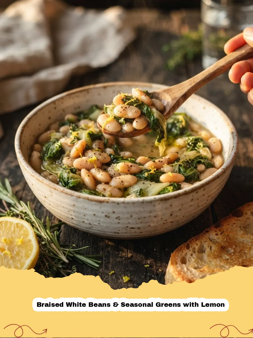 A comforting bowl of Braised White Beans & Seasonal Greens with Lemon, garnished with fresh parsley and served with crusty bread.