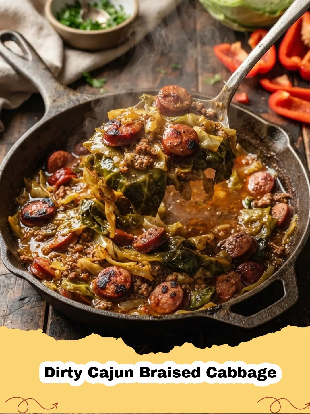 Close-up of a bowl of Dirty Cajun Braised Cabbage with smoked sausage, garnished with fresh parsley