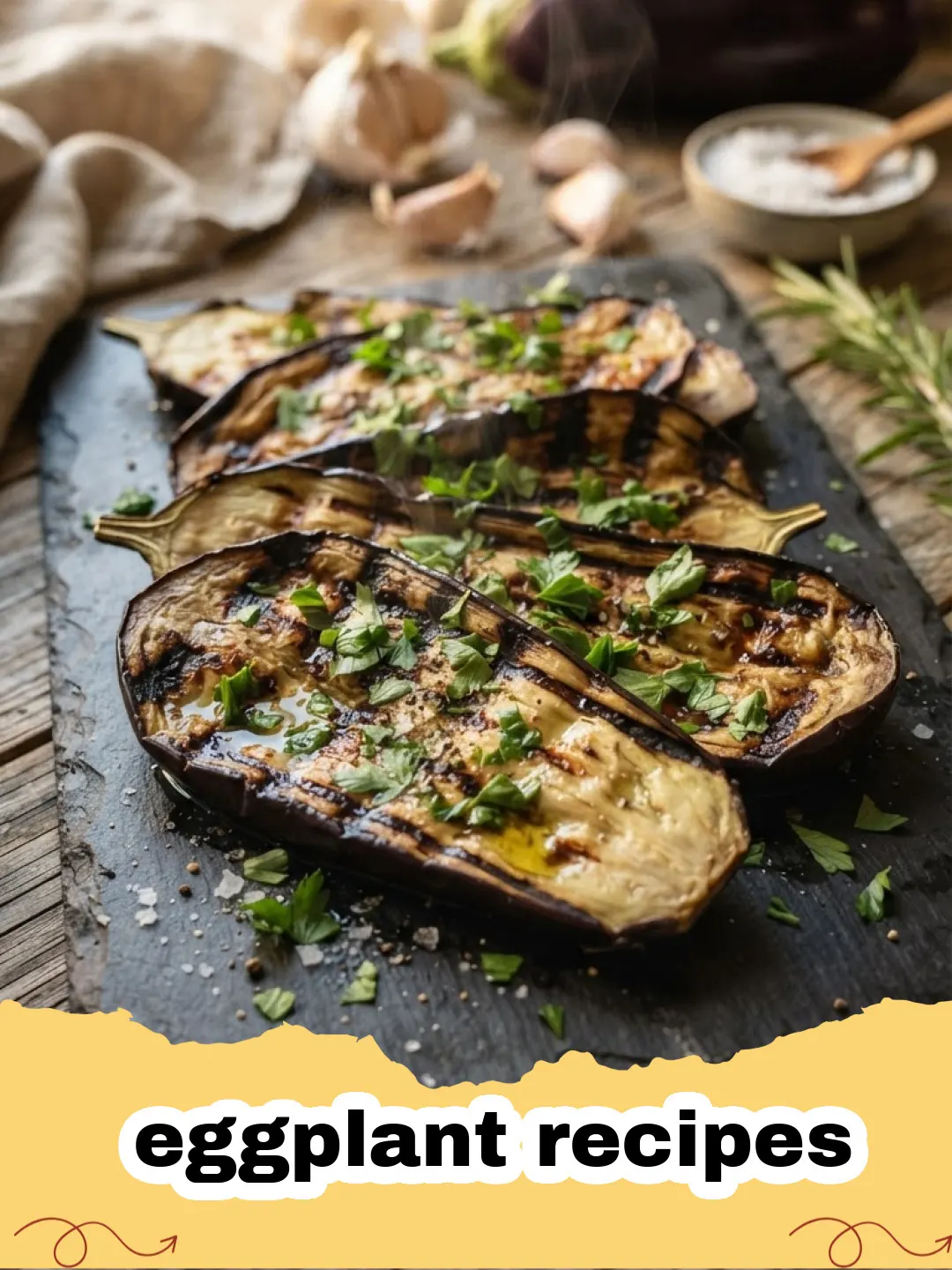 eggplant recipes - Close-up of a baked stuffed eggplant half, golden brown with melted cheese and fresh herbs on top, on a white plate.