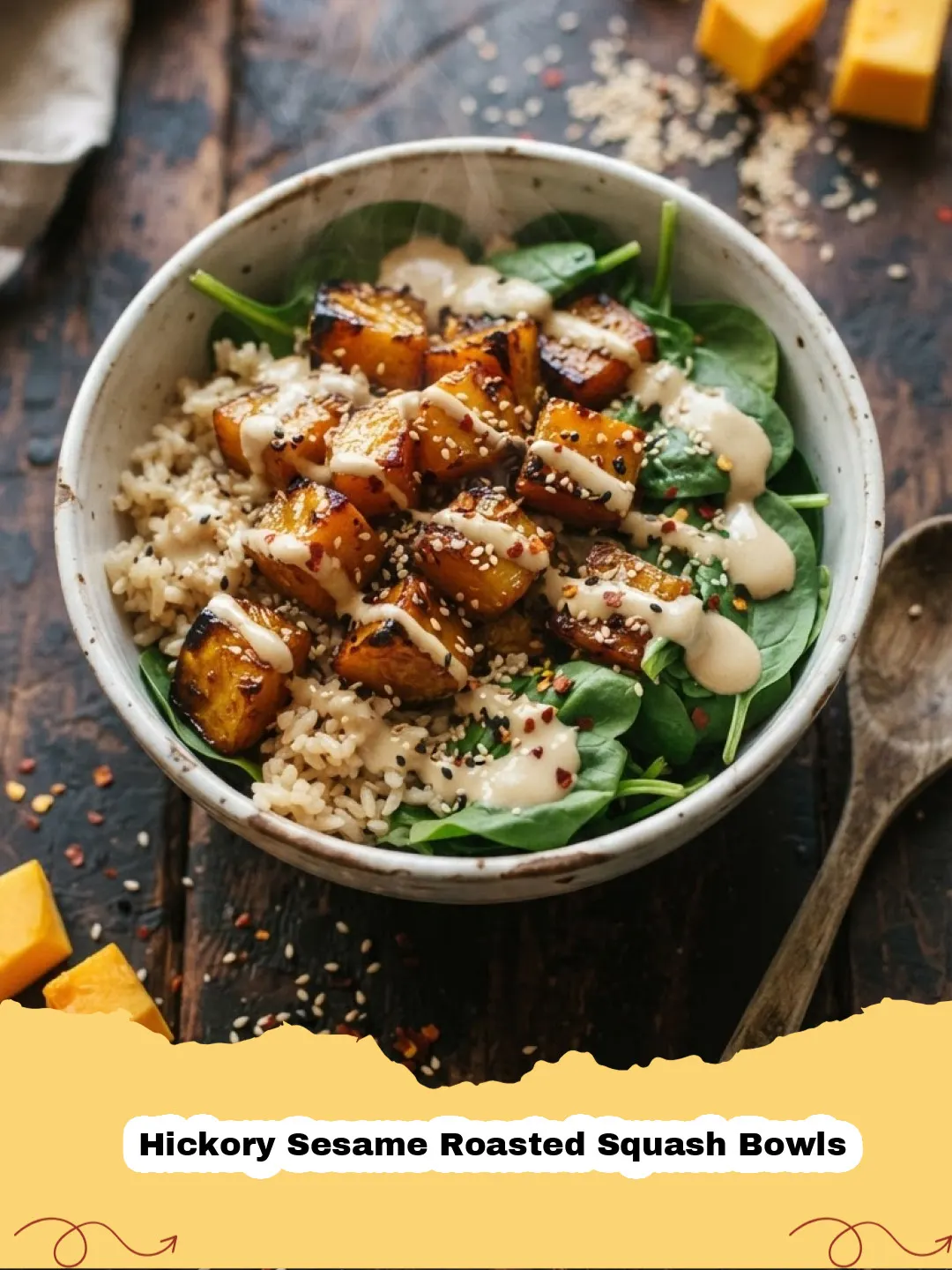 Hickory Sesame Roasted Squash Bowls - Close-up of a vibrant Hickory Sesame Roasted Squash Bowl with fresh greens, avocado, and sesame seeds.