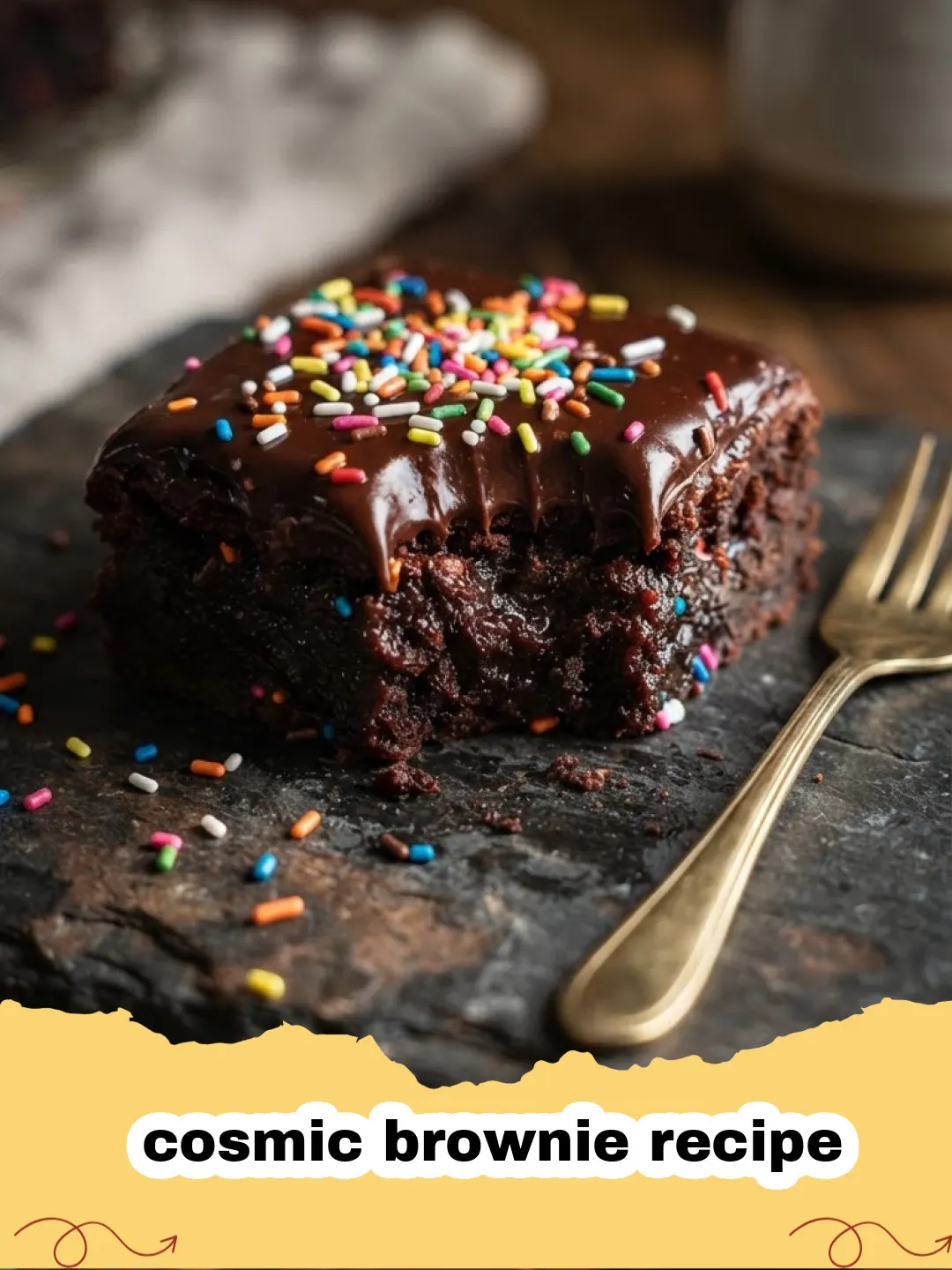 cosmic brownie recipe - Close-up of a homemade cosmic brownie with fudge frosting and rainbow sprinkles, sitting on a cooling rack.