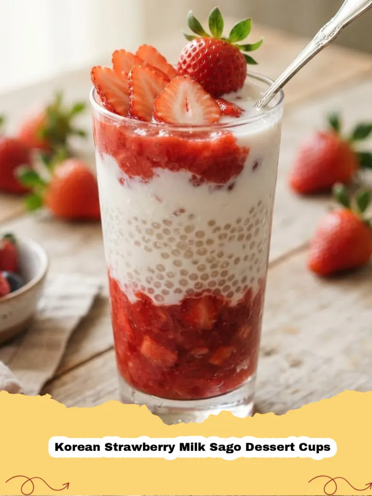 Beautifully layered Korean Strawberry Milk Sago Dessert Cups in clear glasses, garnished with fresh strawberries.