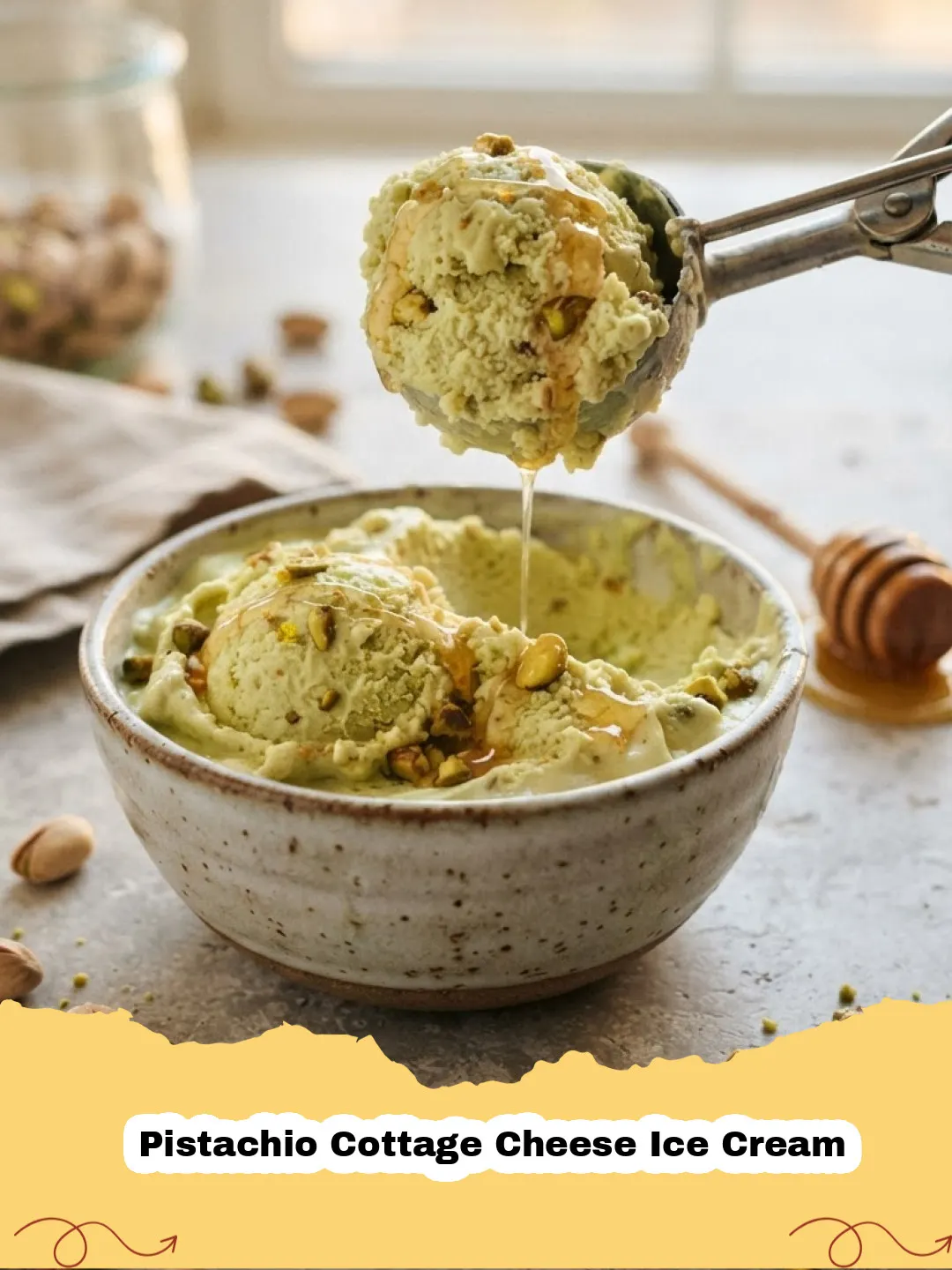 Close-up of creamy green Pistachio Cottage Cheese Ice Cream with chopped pistachios in a white bowl, garnished with a few whole pistachios.