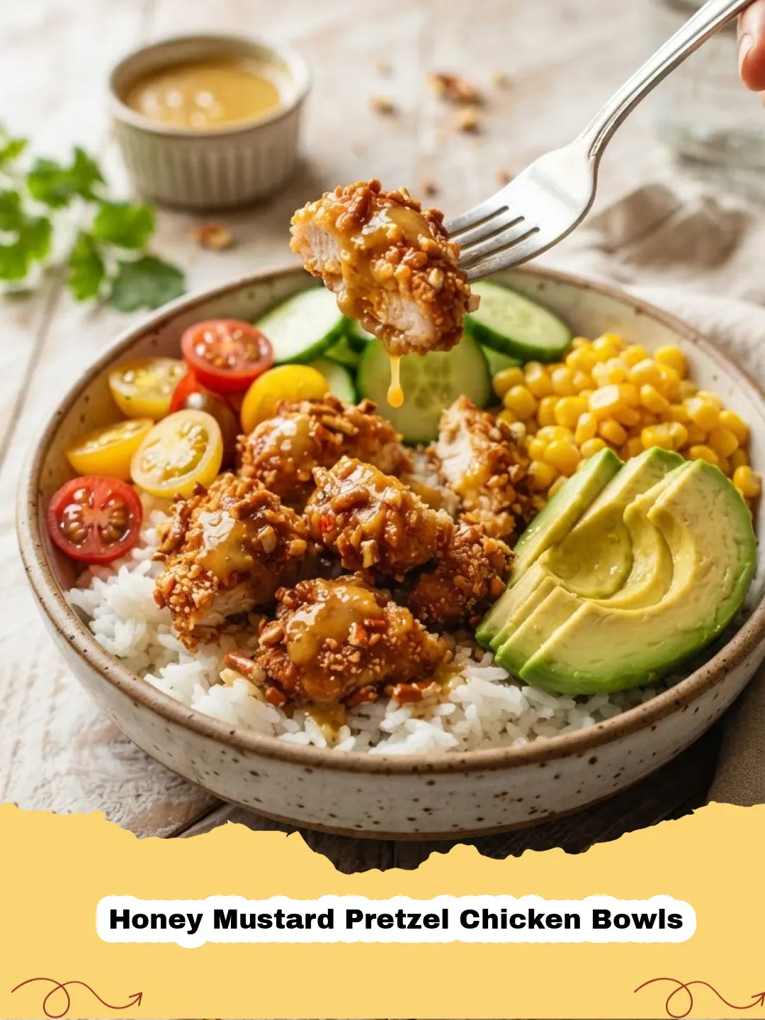 Honey Mustard Pretzel Chicken Bowls - Close-up of a Honey Mustard Pretzel Chicken Bowl with crispy chicken, roasted broccoli, and bell peppers.