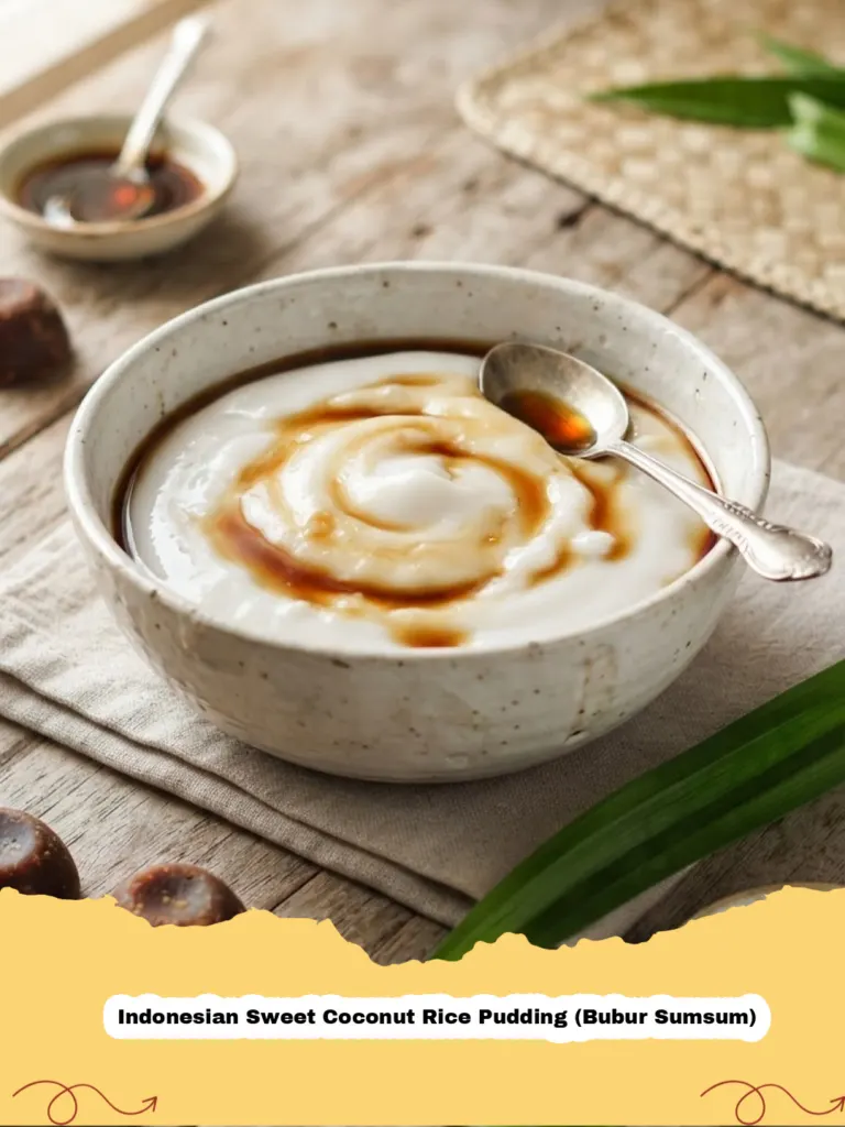 A bowl of creamy white Indonesian Sweet Coconut Rice Pudding (Bubur Sumsum) drizzled generously with dark brown palm sugar syrup, garnished with a pandan leaf.