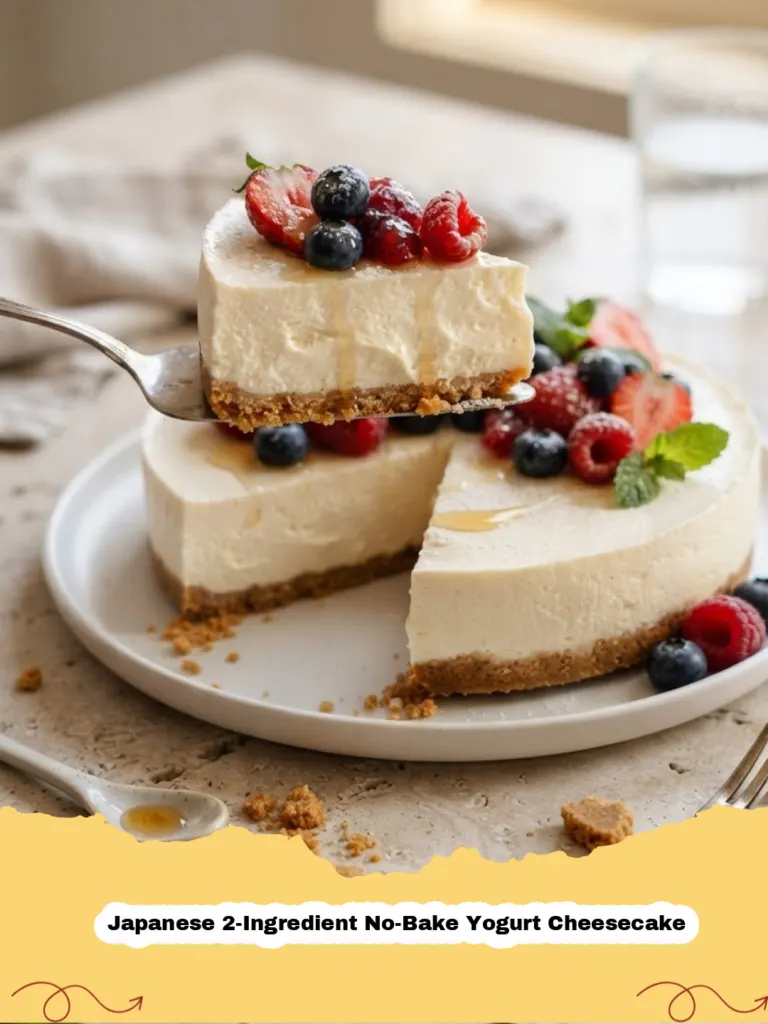 Close-up of a slice of Japanese 2-Ingredient No-Bake Yogurt Cheesecake topped with fresh berries, showing its creamy texture.