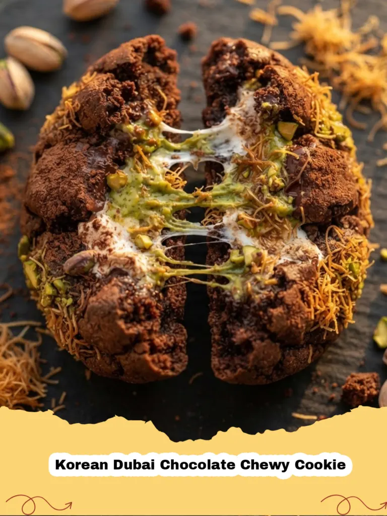 Close-up of a Korean Dubai Chocolate Chewy Cookie on a wire rack, with melted chocolate chunks visible and a sprinkle of sea salt.