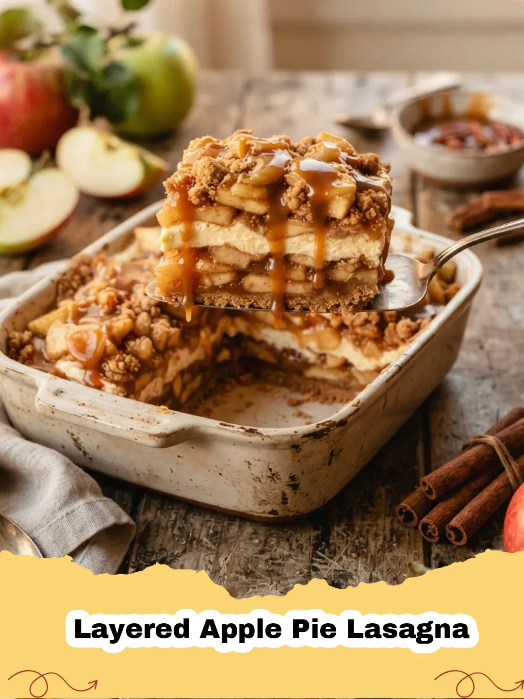 Close-up of a slice of Layered Apple Pie Lasagna on a plate, showing distinct layers of graham cracker crust, cream cheese, spiced apples, and whipped topping.