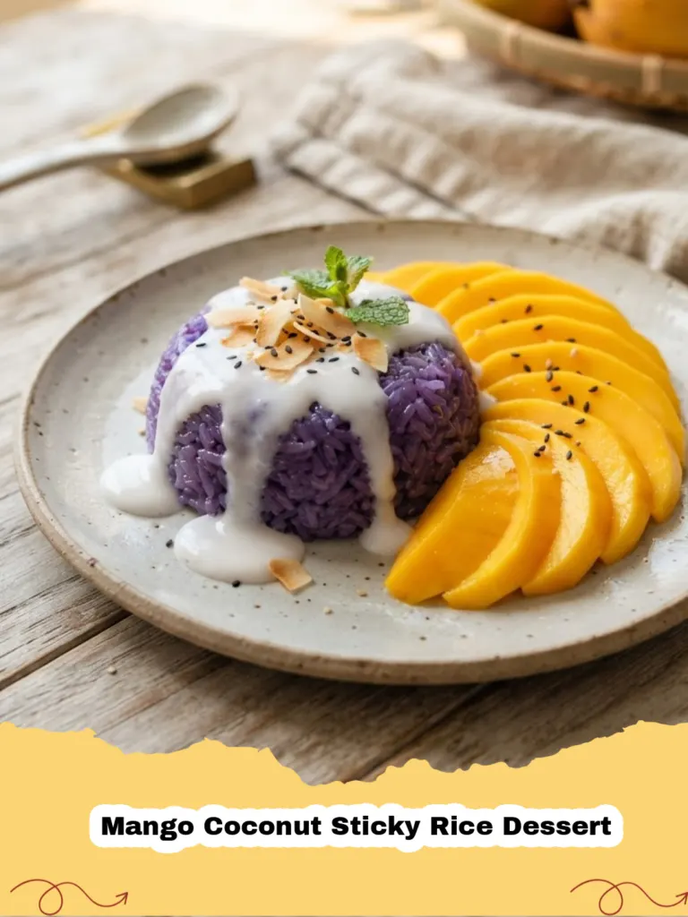 Beautifully plated Mango Coconut Sticky Rice Dessert with fresh mango slices and a drizzle of coconut cream.