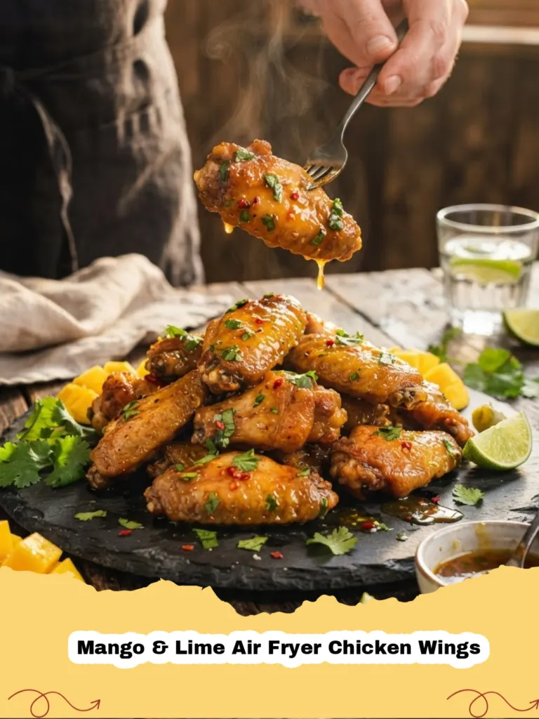 Close-up of crispy Mango & Lime Air Fryer Chicken Wings garnished with cilantro