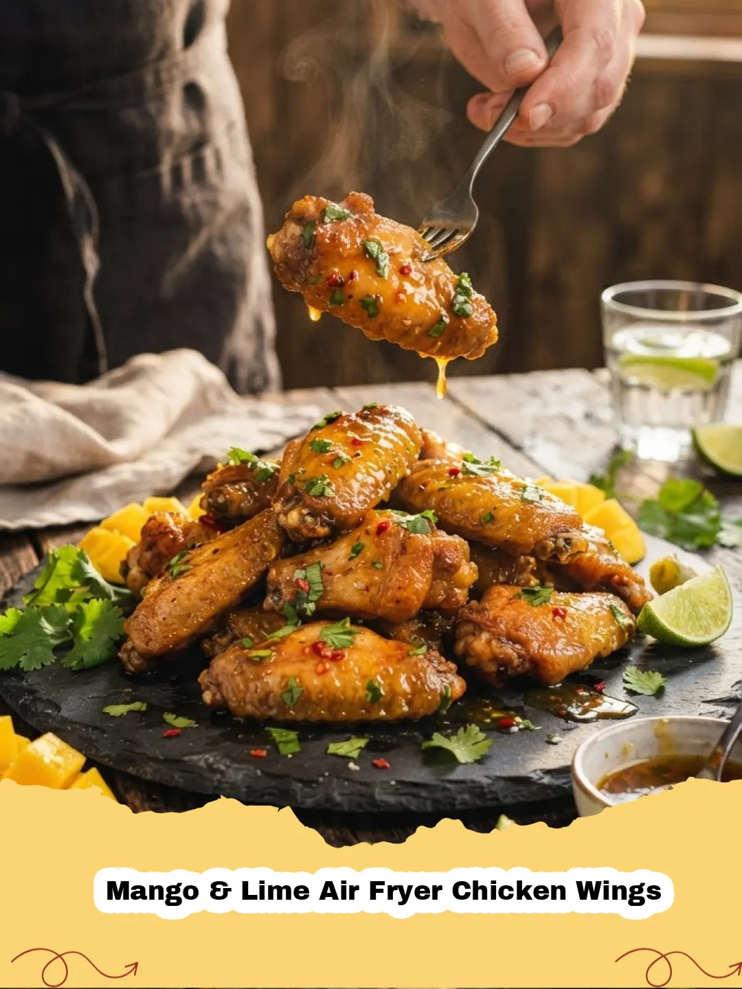 Close-up of crispy Mango & Lime Air Fryer Chicken Wings garnished with cilantro