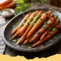roasted carrots recipe - Close-up of perfectly glazed roasted carrots on a white serving plate, garnished with fresh herbs.