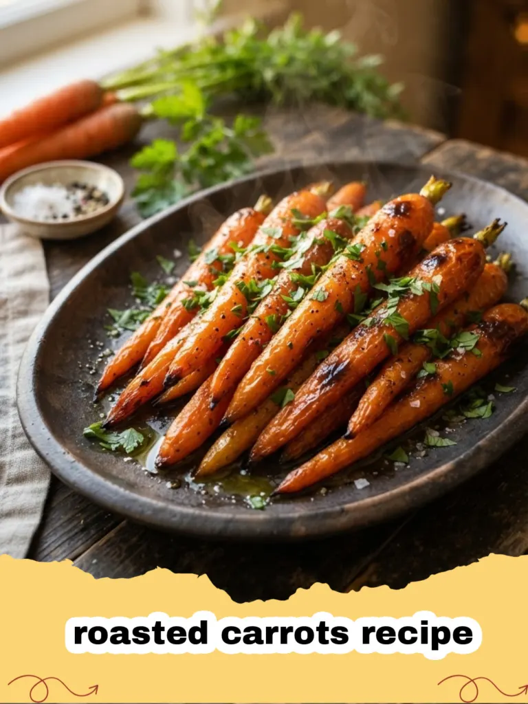 roasted carrots recipe - Close-up of perfectly glazed roasted carrots on a white serving plate, garnished with fresh herbs.