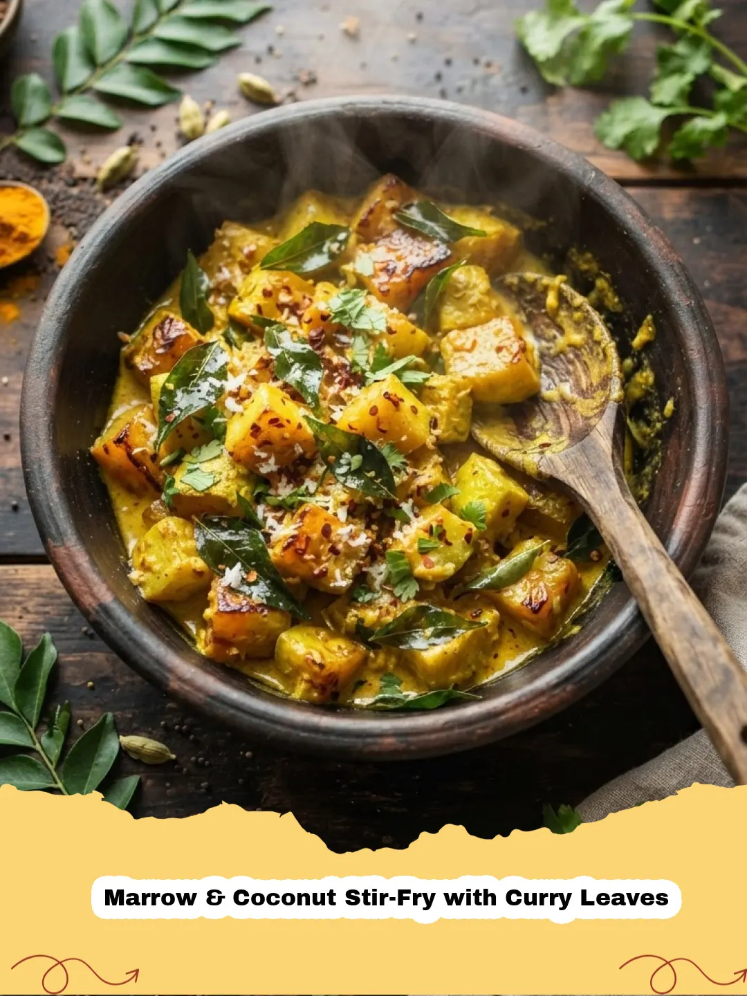 Close-up of a vibrant Marrow & Coconut Stir-Fry with Curry Leaves in a pan, garnished with fresh cilantro.
