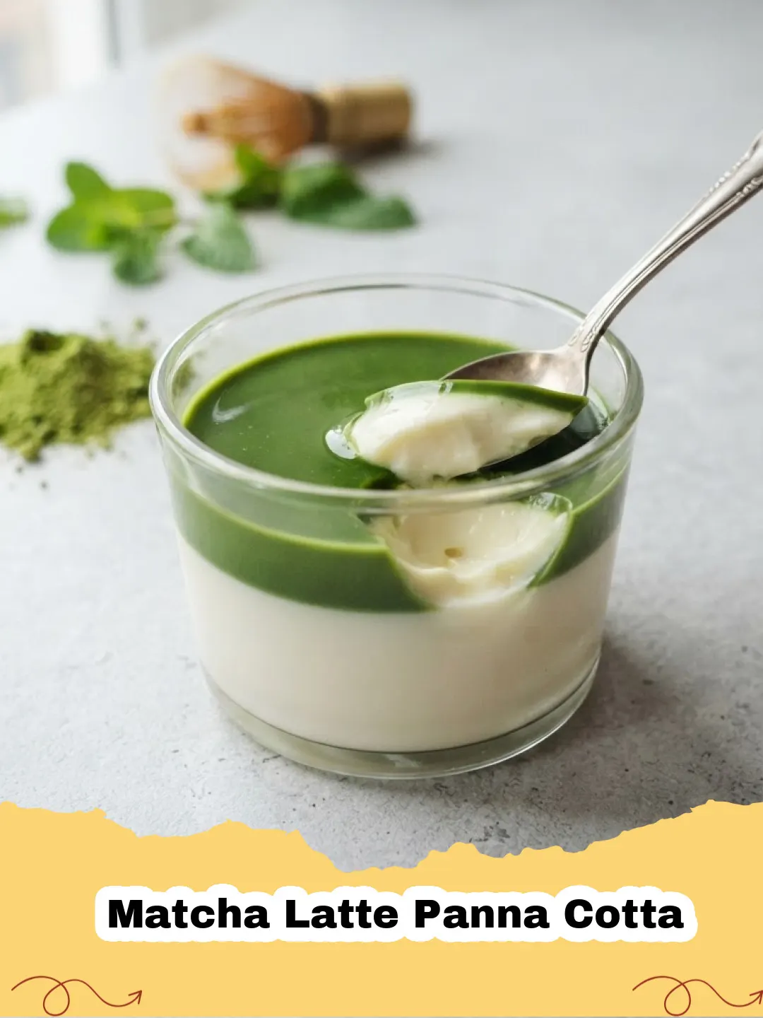Silky green Matcha Latte Panna Cotta dessert in small glass cups, garnished with a light dusting of matcha powder and fresh mint leaves.