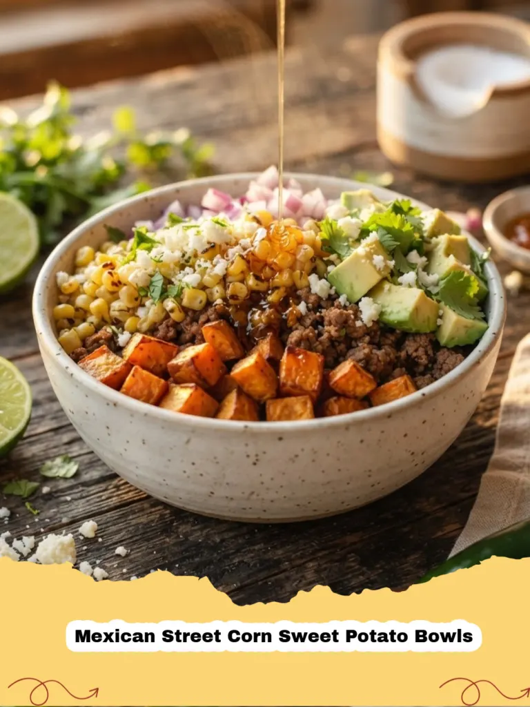 Mexican Street Corn Sweet Potato Bowls - Close-up of a vibrant Mexican Street Corn Sweet Potato Bowl, featuring roasted sweet potato cubes topped with creamy, cheesy corn mixture and fresh cilantro.