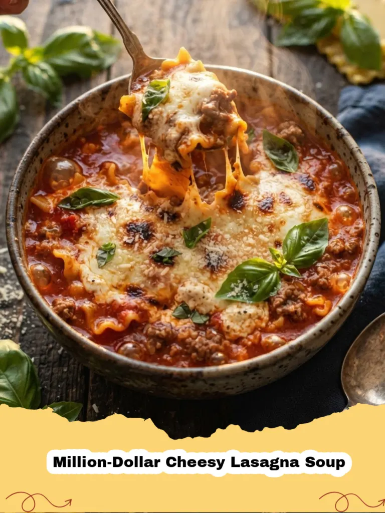 A close-up of a bowl of Million-Dollar Cheesy Lasagna Soup, topped with dollops of creamy ricotta, shredded mozzarella, fresh basil, and grated Parmesan cheese.