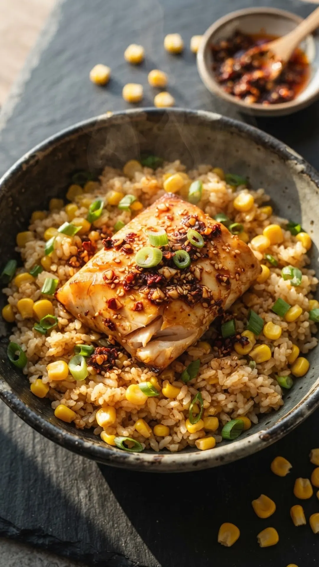 Miso Corn Rice with Chili Cod Preparation