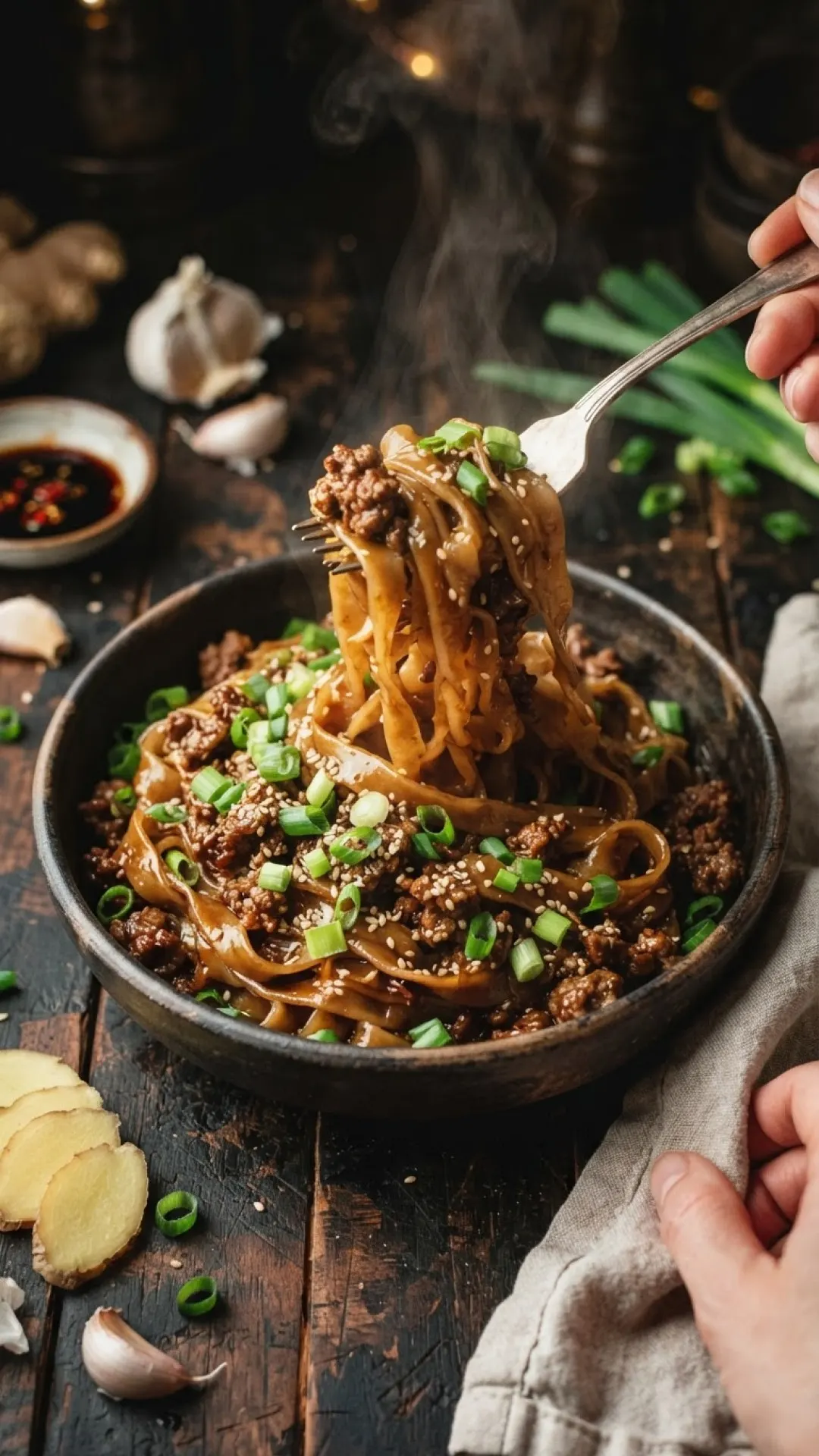 Mongolian Ground Beef Rice Noodles Preparation
