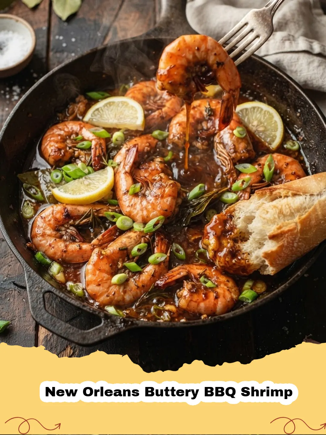 A skillet filled with succulent New Orleans Buttery BBQ Shrimp, swimming in a rich, orange-hued, peppery sauce, garnished with fresh parsley and lemon wedges.