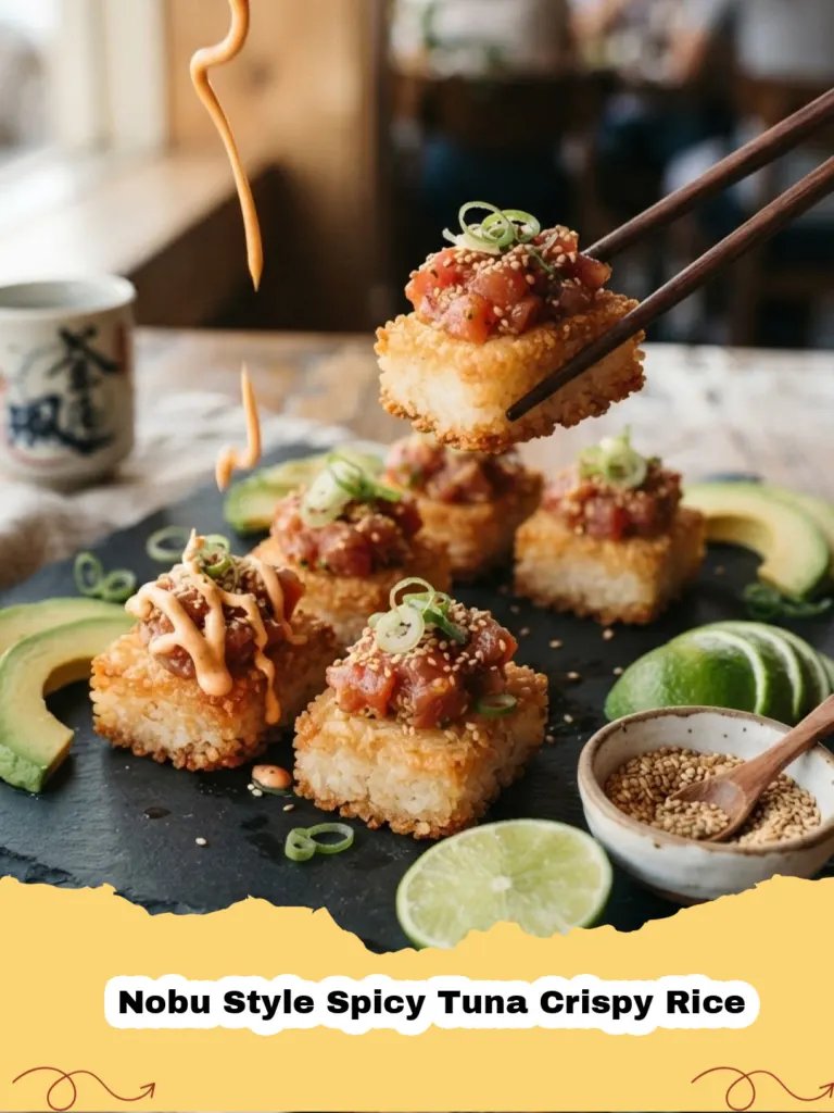 Platter of homemade Nobu Style Spicy Tuna Crispy Rice with jalapeño and chive garnish.