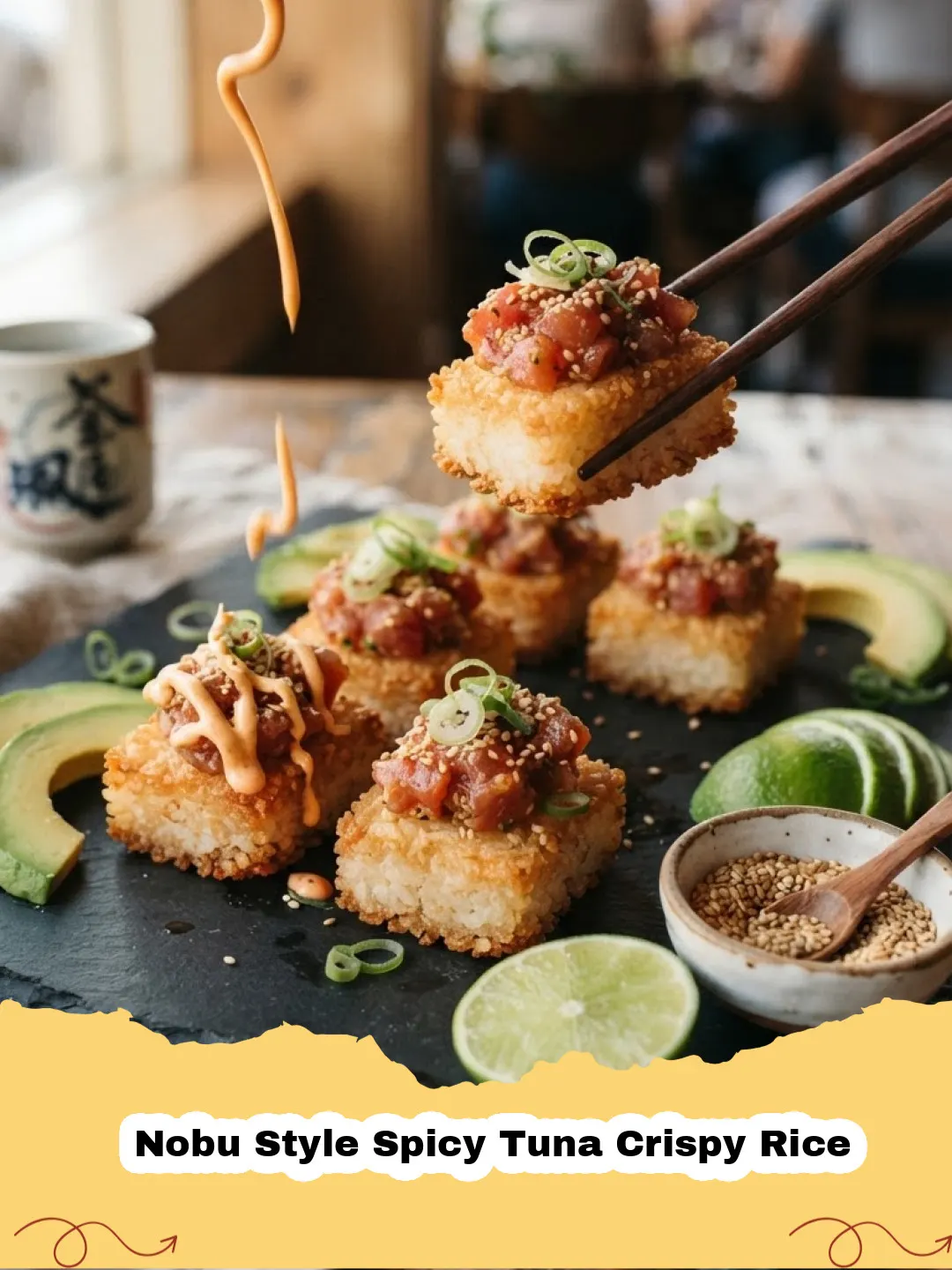 Platter of homemade Nobu Style Spicy Tuna Crispy Rice with jalapeño and chive garnish.