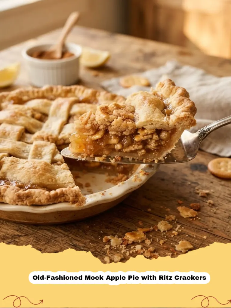 A golden-brown slice of Old-Fashioned Mock Apple Pie with Ritz Crackers on a white plate, with a fork and a scoop of vanilla ice cream, showing the faux apple filling.