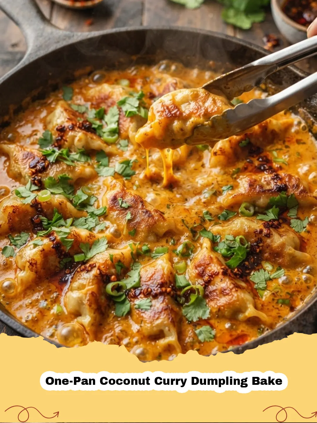 A close-up shot of the One-Pan Coconut Curry Dumpling Bake, showing plump dumplings in a rich, orange-hued sauce with bell peppers and onions, garnished with fresh cilantro.