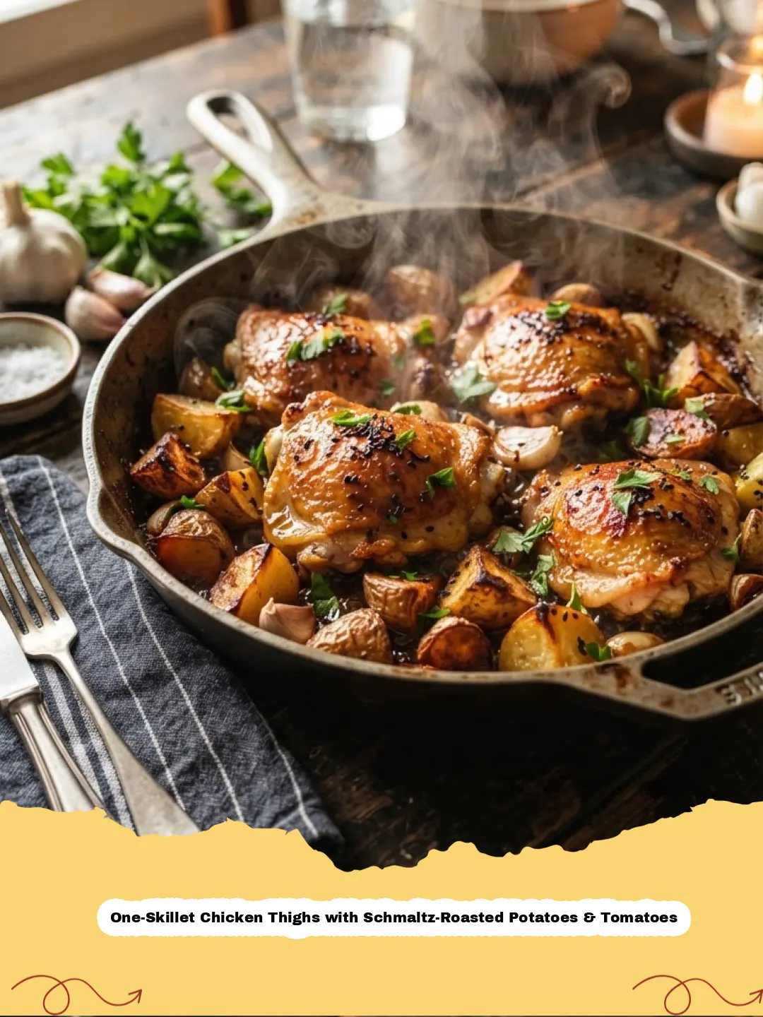 Close-up of crispy One-Skillet Chicken Thighs with Schmaltz-Roasted Potatoes & Tomatoes in a cast iron skillet