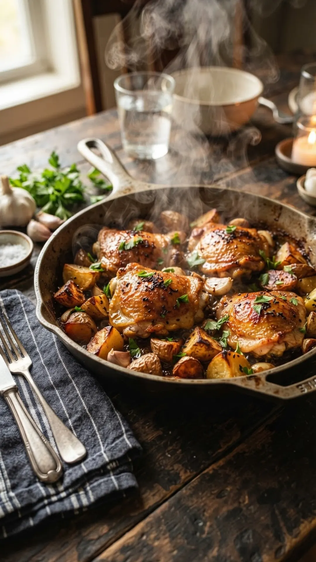 One-Skillet Chicken Thighs with Schmaltz-Roasted Potatoes & Tomatoes Preparation
