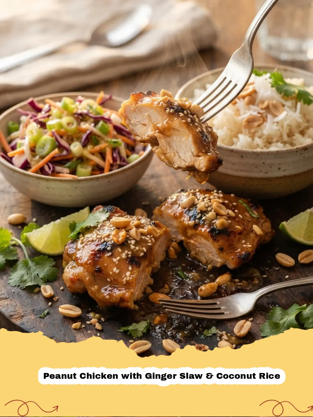 Close-up of Peanut Chicken with Ginger Slaw & Coconut Rice in a bowl, garnished with peanuts and cilantro.