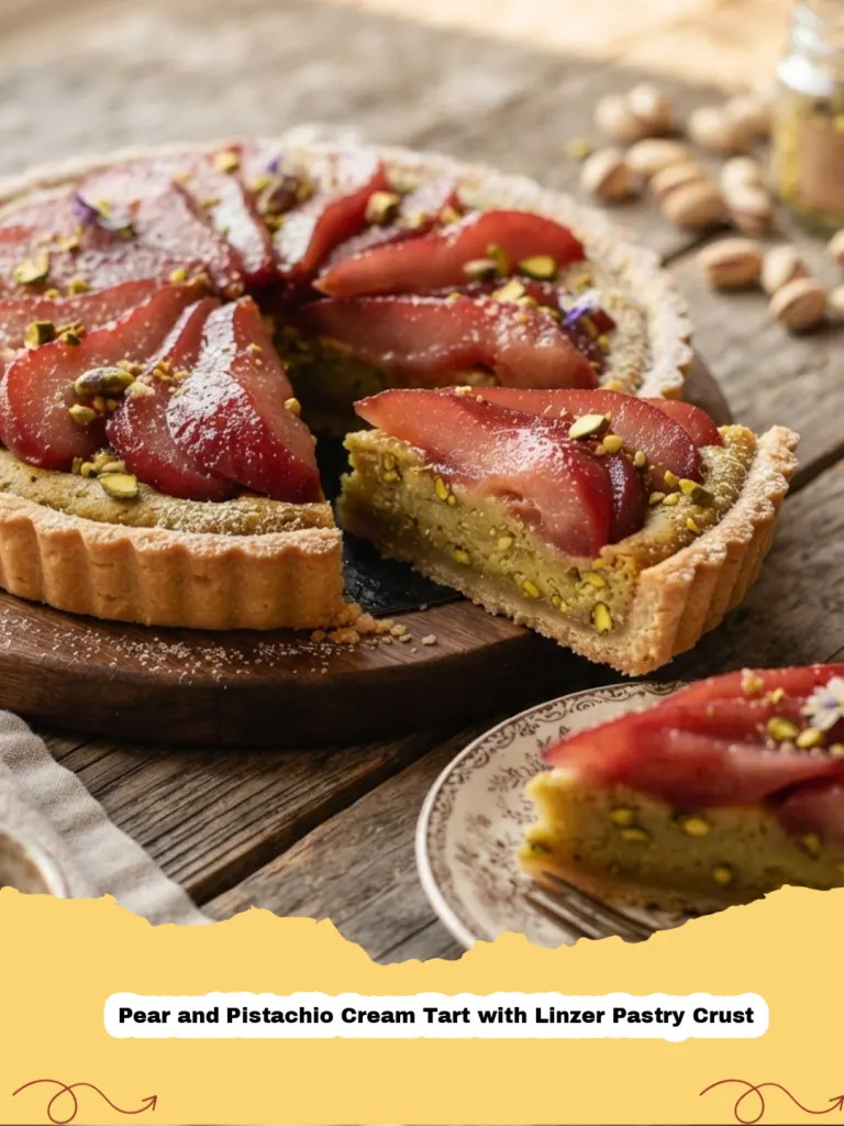 Pear and Pistachio Cream Tart with Linzer Pastry Crust - Elegant Pear and Pistachio Cream Tart with a decorative Linzer Pastry Crust on a white marble surface, garnished with fresh pistachios.