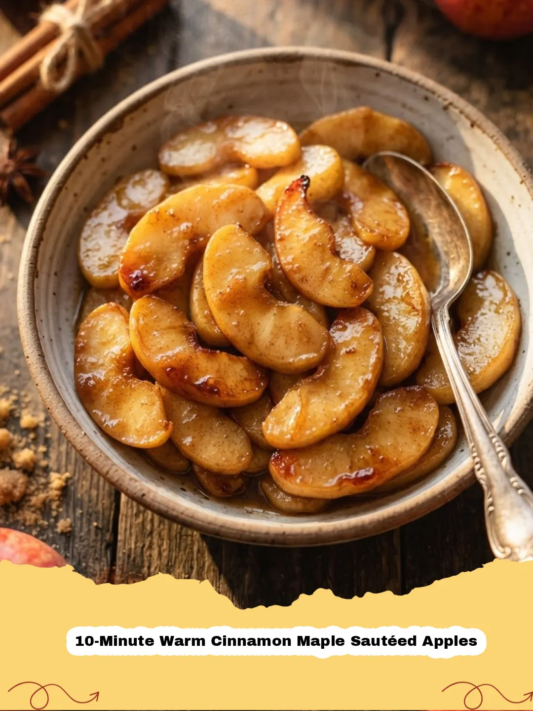 10-Minute Warm Cinnamon Maple Sautéed Apples - Close-up of warm cinnamon maple sautéed apples in a skillet, garnished with a cinnamon stick.