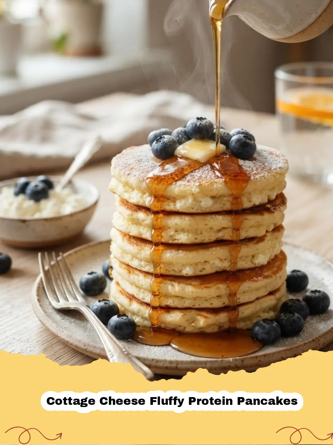 Cottage Cheese Fluffy Protein Pancakes - Stack of fluffy cottage cheese protein pancakes drizzled with maple syrup and topped with fresh berries