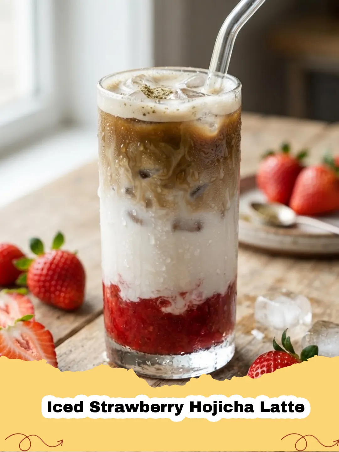 A tall glass of Iced Strawberry Hojicha Latte with distinct layers of pink strawberry puree, white milk, and brown hojicha tea, garnished with a fresh strawberry slice.