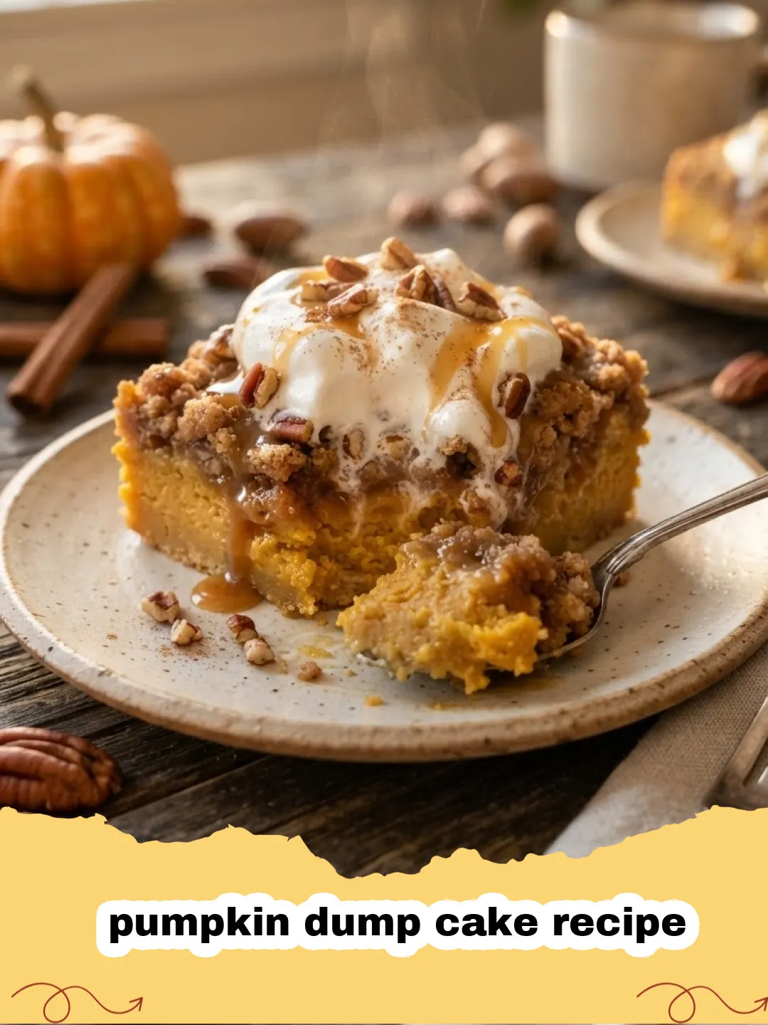 Close-up of a slice of warm pumpkin dump cake recipe with a dollop of whipped cream on top, garnished with a sprinkle of cinnamon.