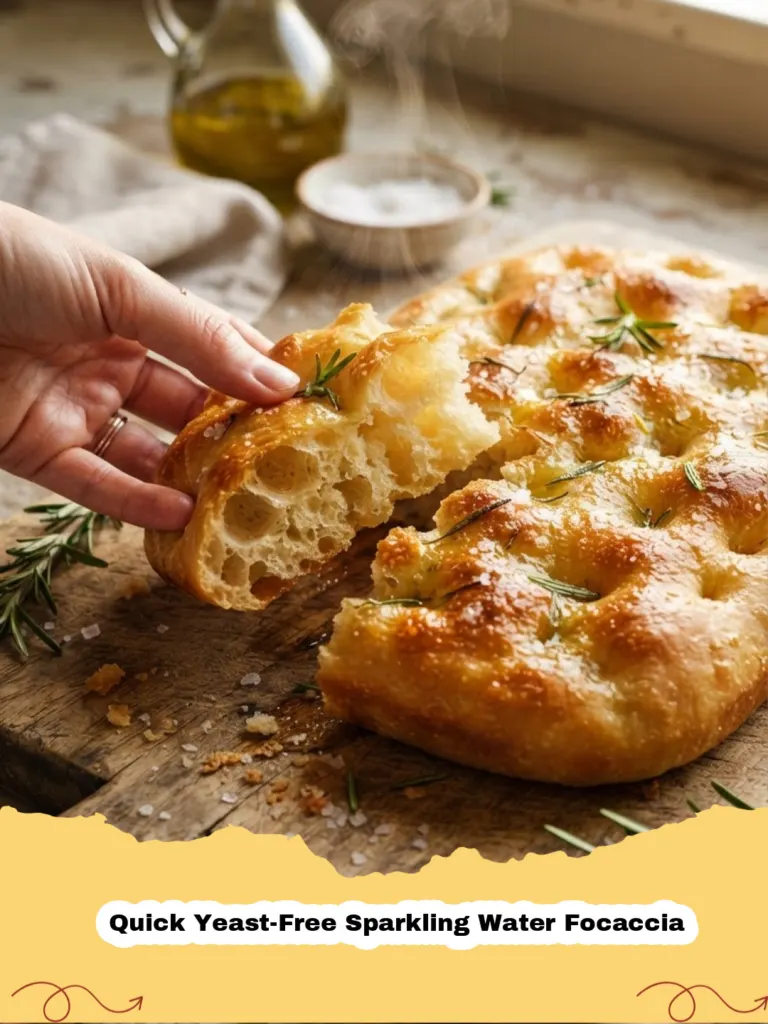 Golden brown Quick Yeast-Free Sparkling Water Focaccia topped with rosemary and sea salt.