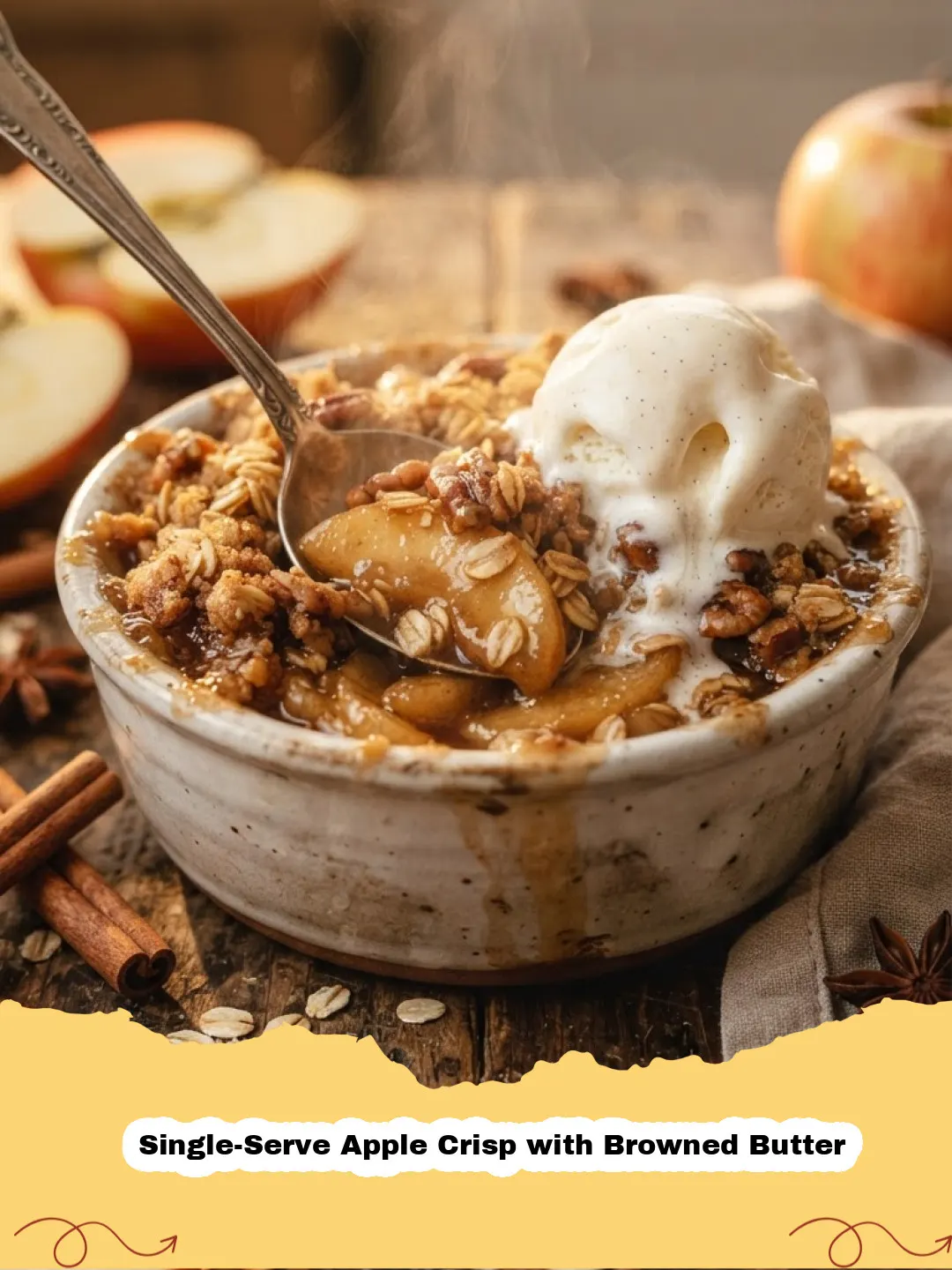 Close-up of a golden brown Single-Serve Apple Crisp with Browned Butter in a white ramekin, with a spoon digging in and steam rising.