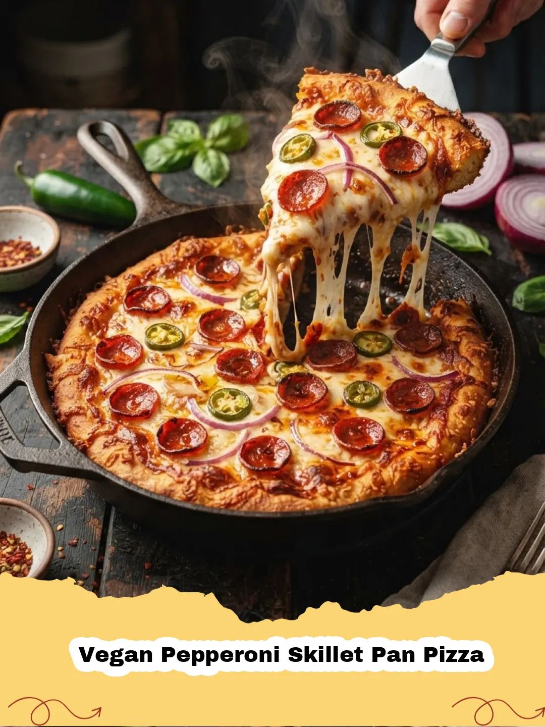 Vegan Pepperoni Skillet Pan Pizza - Close-up of a bubbling, cheesy vegan pepperoni skillet pan pizza with a crispy crust, fresh basil, and perfectly browned plant-based pepperoni.