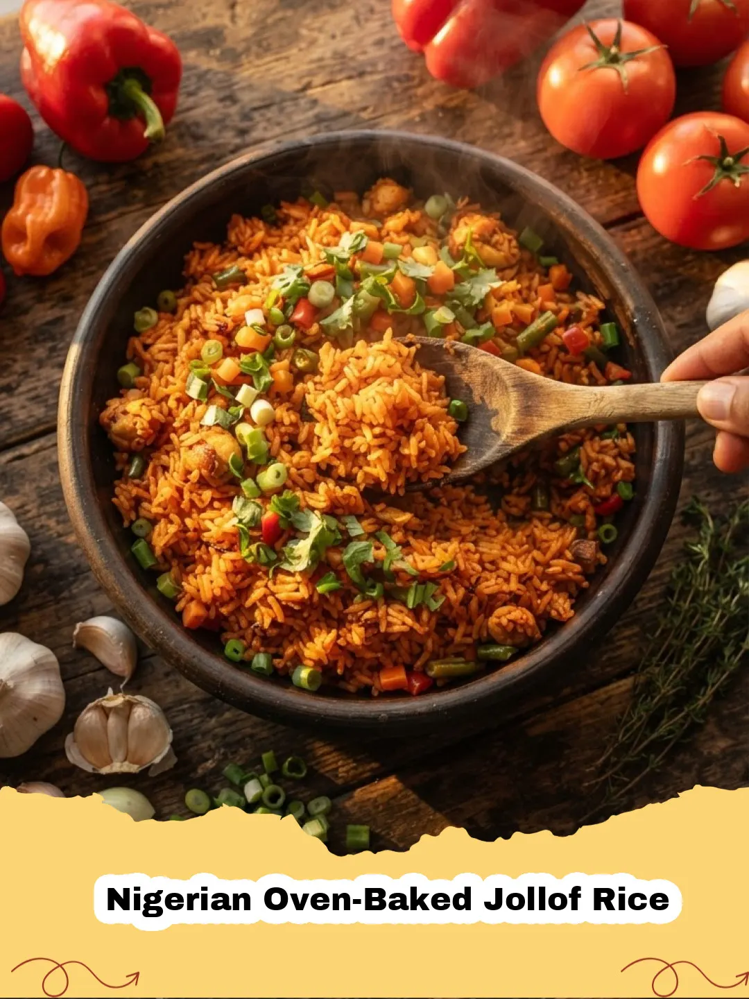 A steaming plate of vibrant red Nigerian Oven-Baked Jollof Rice, garnished with fresh parsley and a side of grilled chicken.