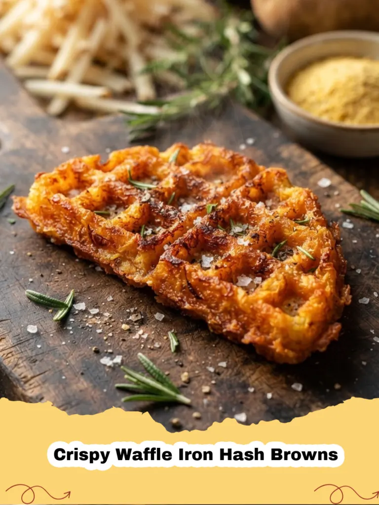 Golden brown Crispy Waffle Iron Hash Browns on a white plate with a side of ketchup and chives.