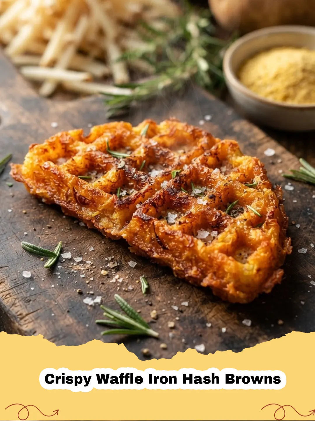 Golden brown Crispy Waffle Iron Hash Browns on a white plate with a side of ketchup and chives.