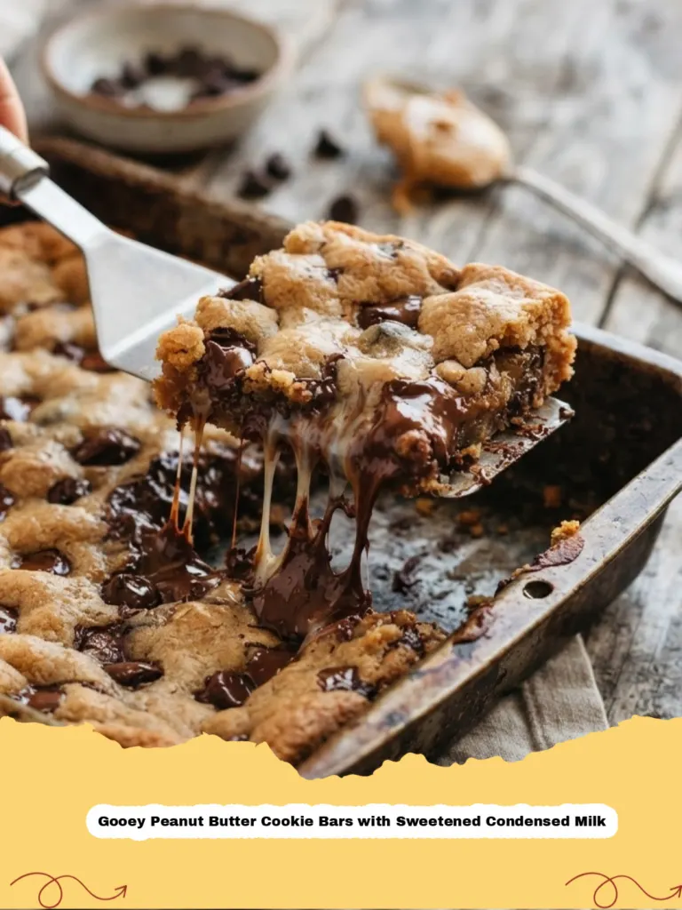 Close-up of Gooey Peanut Butter Cookie Bars with Sweetened Condensed Milk, showing the soft base, thick gooey filling, and crumbly top.