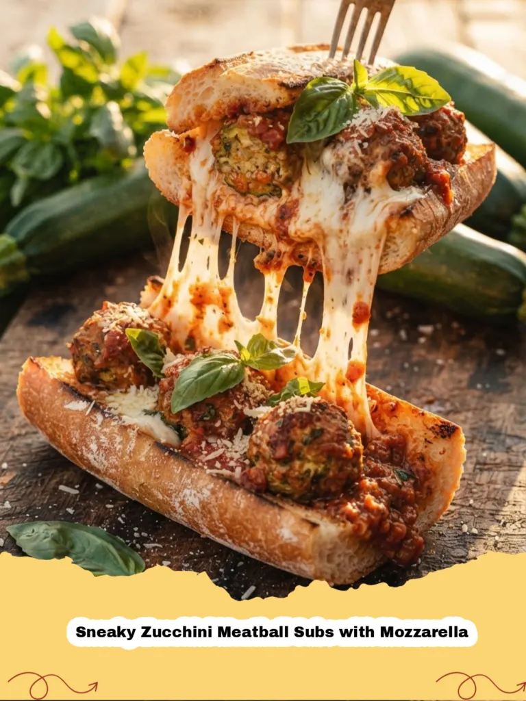 Sneaky Zucchini Meatball Subs with Mozzarella - Close-up of a Sneaky Zucchini Meatball Sub with melted mozzarella cheese and rich red sauce in a toasted hoagie roll.