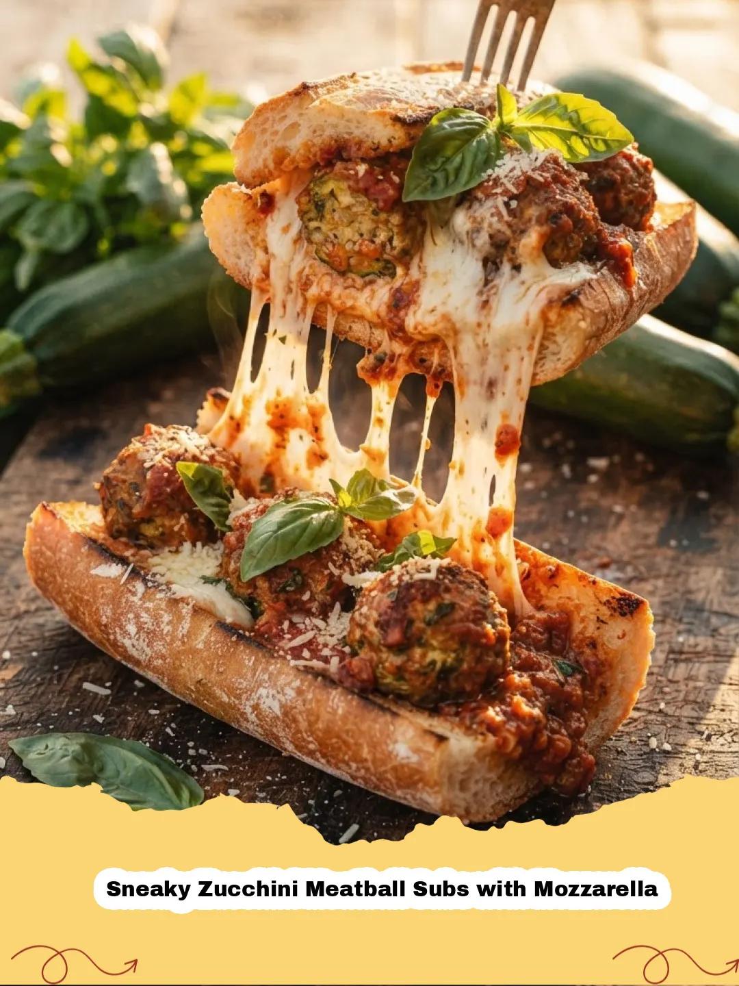 Sneaky Zucchini Meatball Subs with Mozzarella - Close-up of a Sneaky Zucchini Meatball Sub with melted mozzarella cheese and rich red sauce in a toasted hoagie roll.