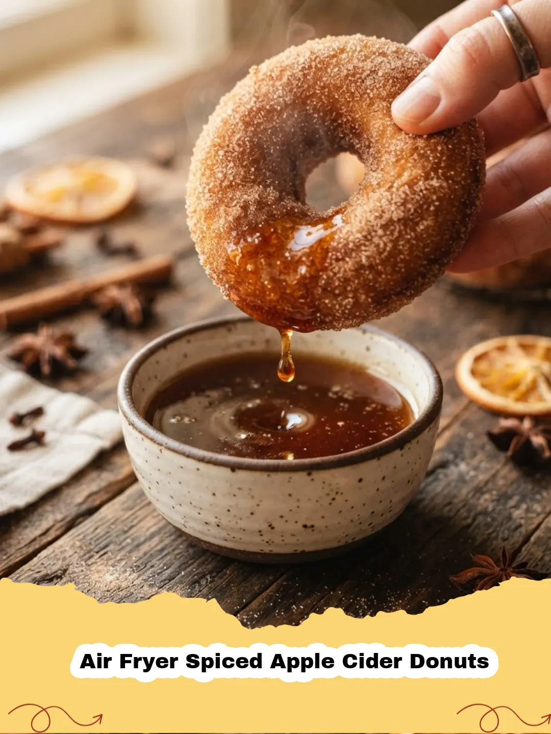 Close-up of golden brown Air Fryer Spiced Apple Cider Donuts coated in cinnamon sugar, stacked on a wire rack, with autumn leaves in the background.