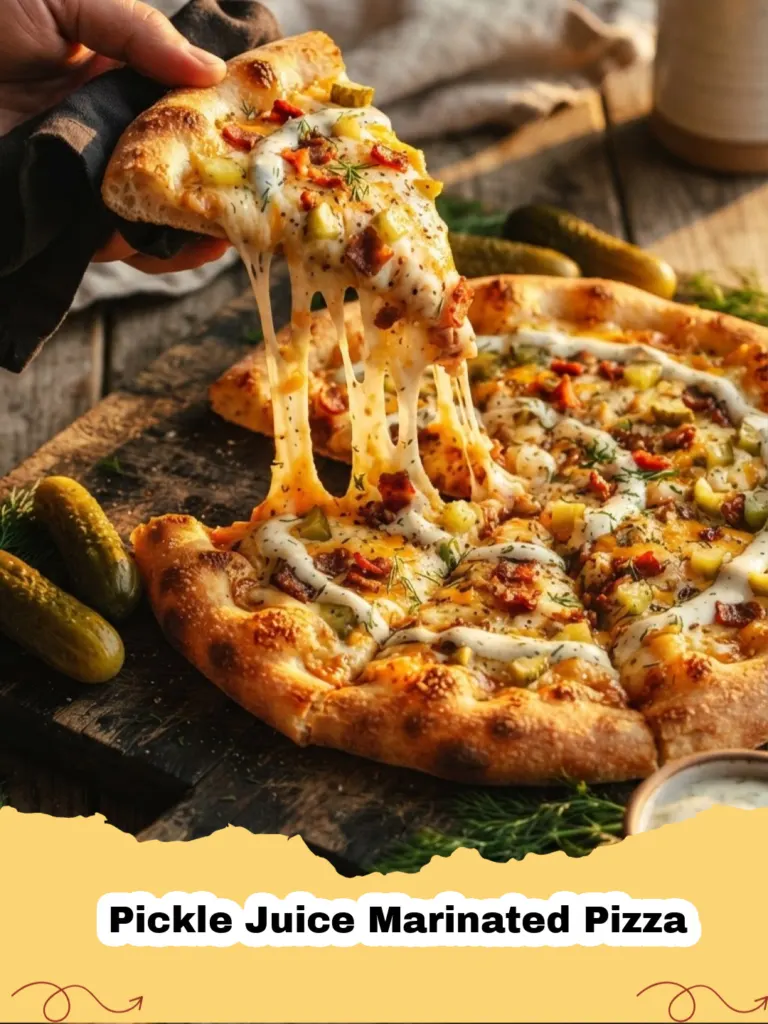 Close-up of a slice of Pickle Juice Marinated Pizza with bubbly cheese, chicken, and fresh dill