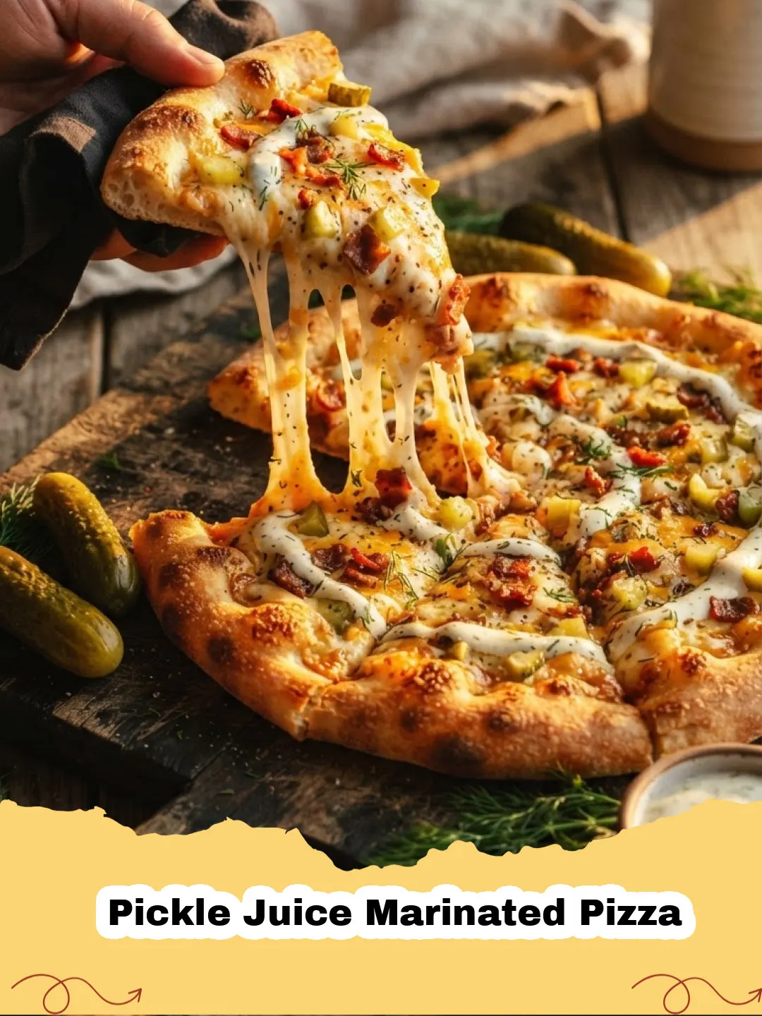 Close-up of a slice of Pickle Juice Marinated Pizza with bubbly cheese, chicken, and fresh dill