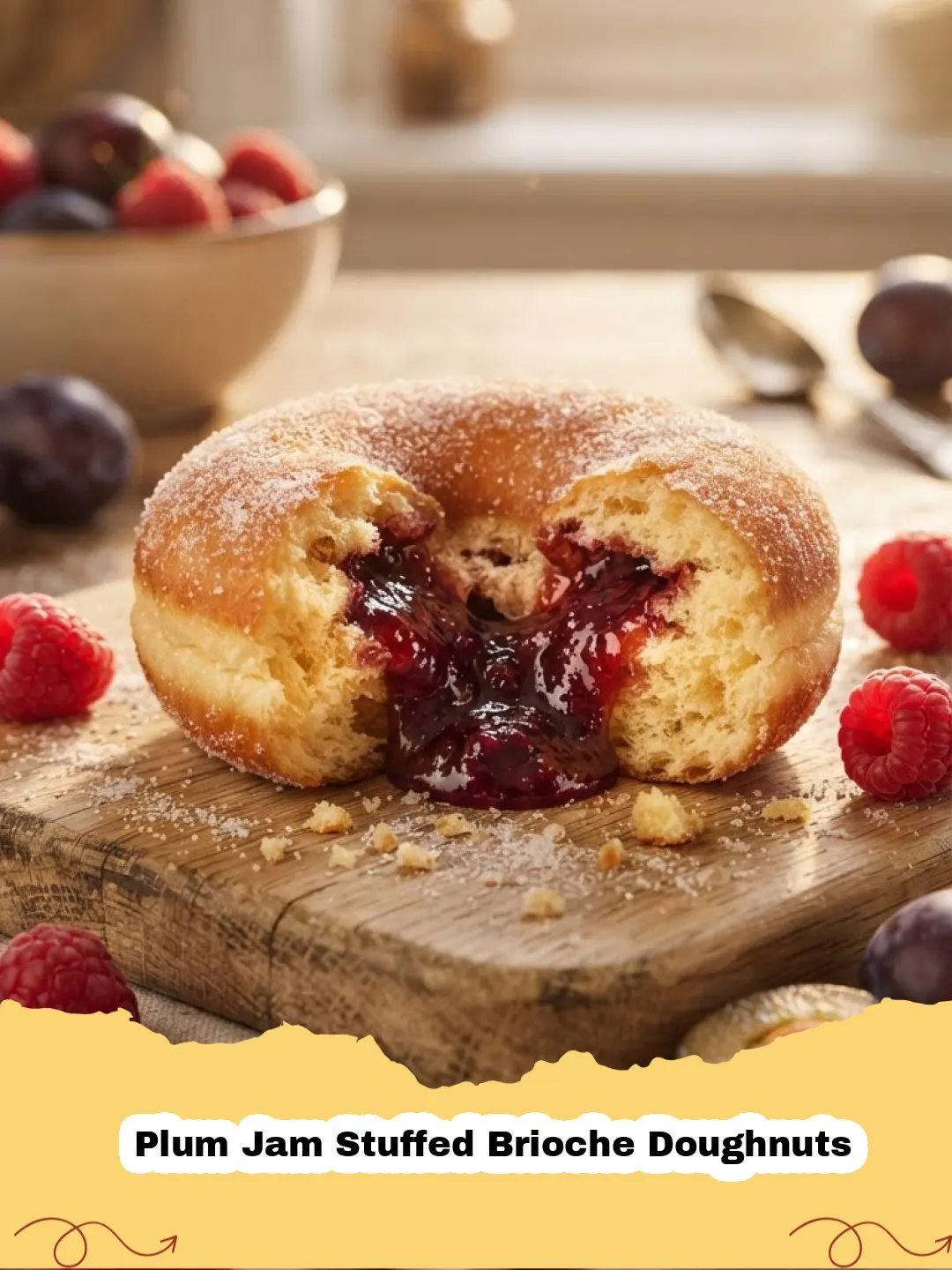 Plum Jam Stuffed Brioche Doughnuts - Close-up of a Plum Jam Stuffed Brioche Doughnut dusted with powdered sugar, with a peek of vibrant plum jam filling.